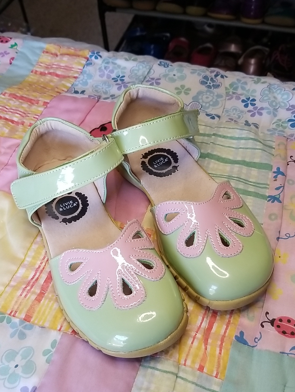 Livie & Luca Patent Leather Mary Janes in Mint Green and Pink Size 12 Petals